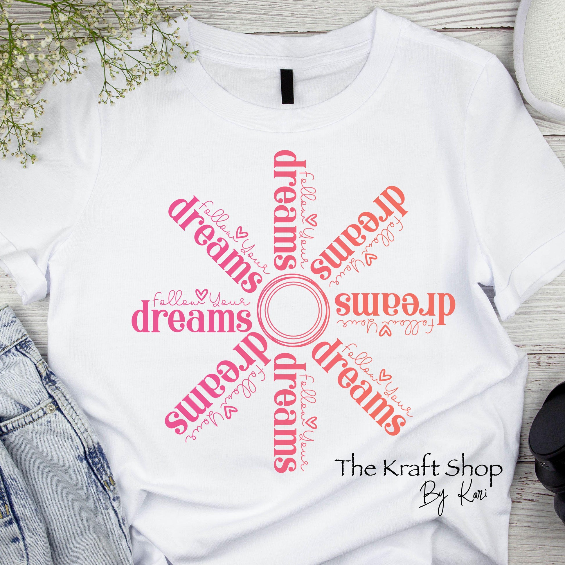 DTF ready to press transfer. Follow your dreams ombre pink and orange motivational, Direct to film heat press transfer. DTF Print #11356