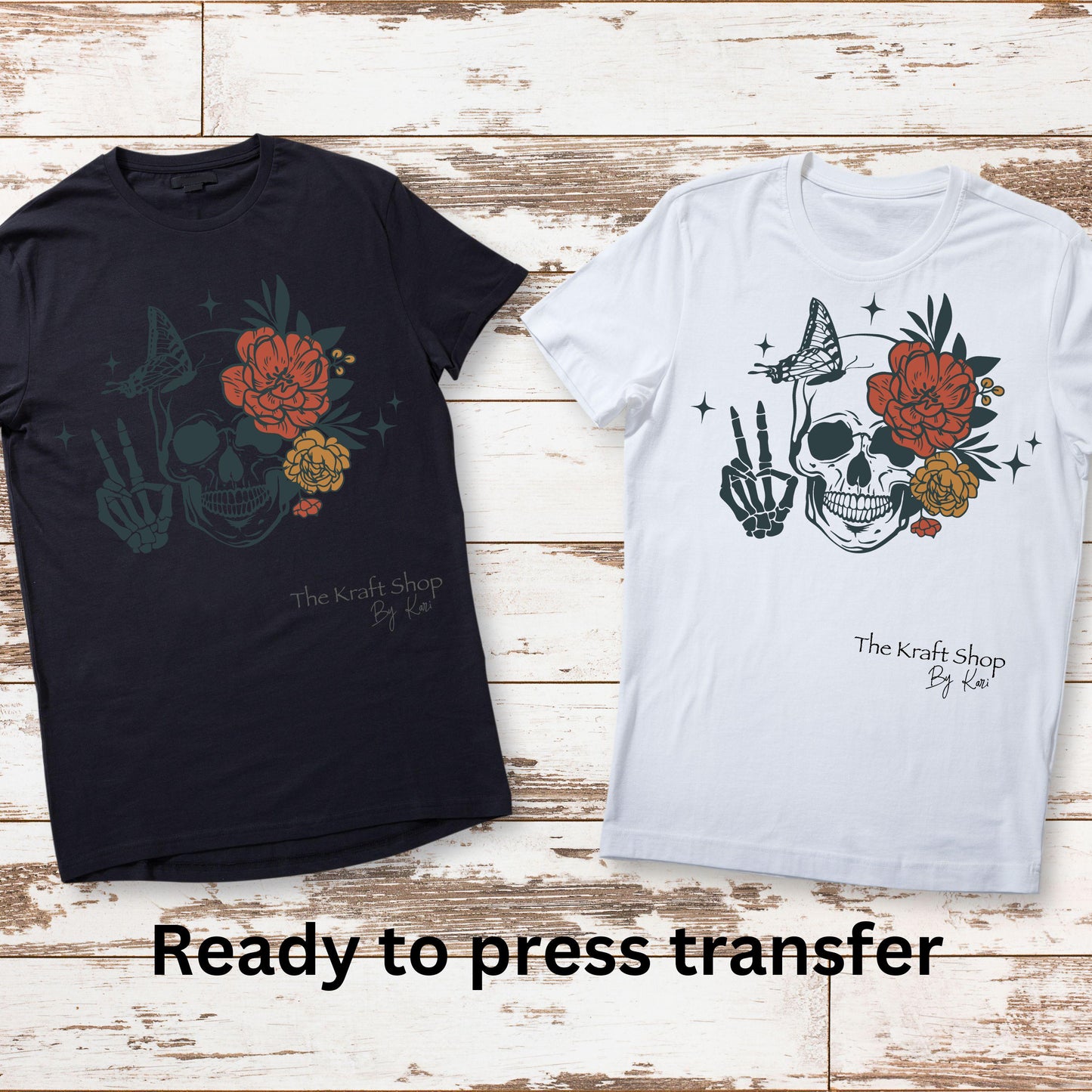 DTF ready to press transfer. Peace retro skull orange yellow flowers shirt transfer, Direct to film heat press transfer. #11350