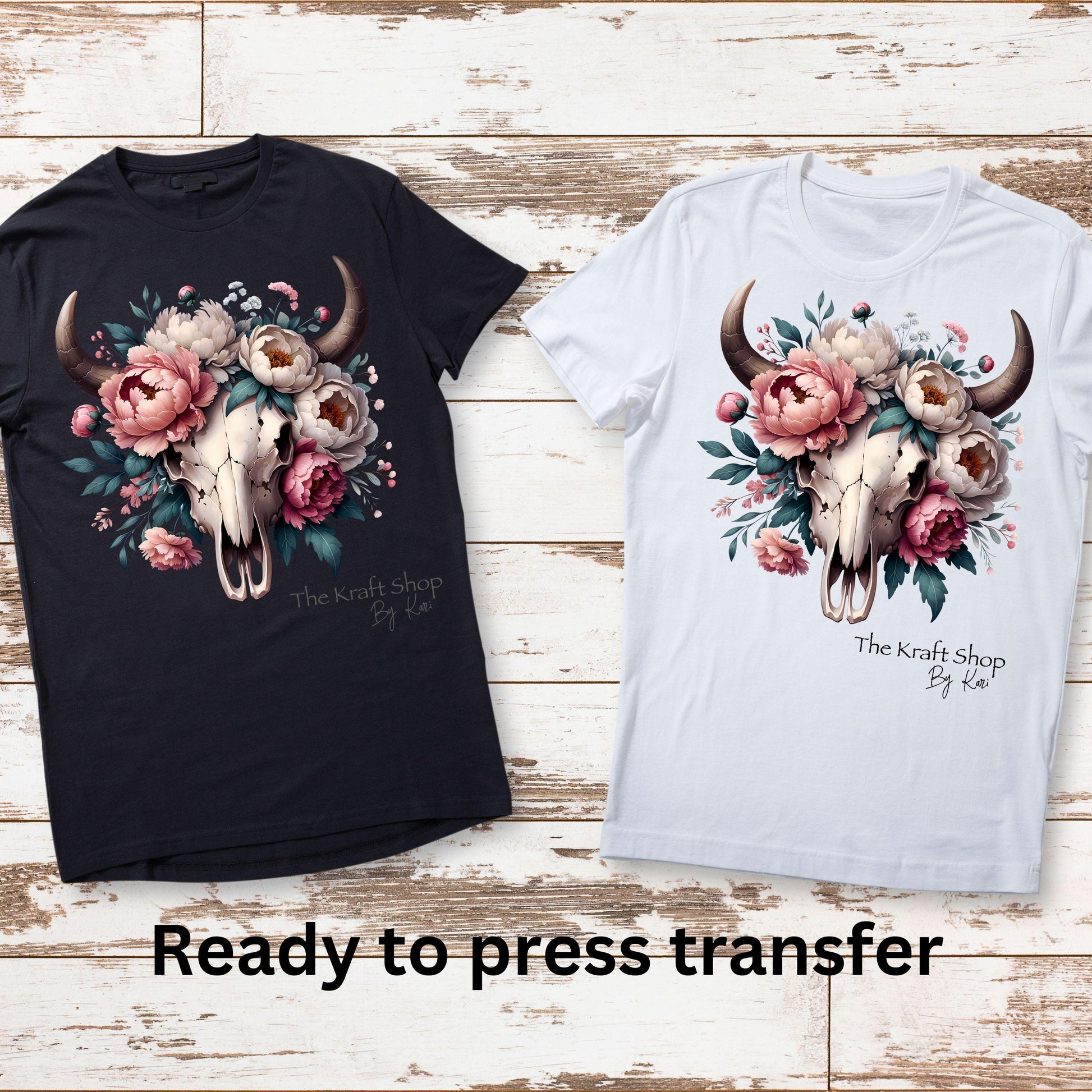 DTF ready to press transfer. Boho floral western bull skull with pink white flowers shirt transfer, Direct to film heat press transfer#11353