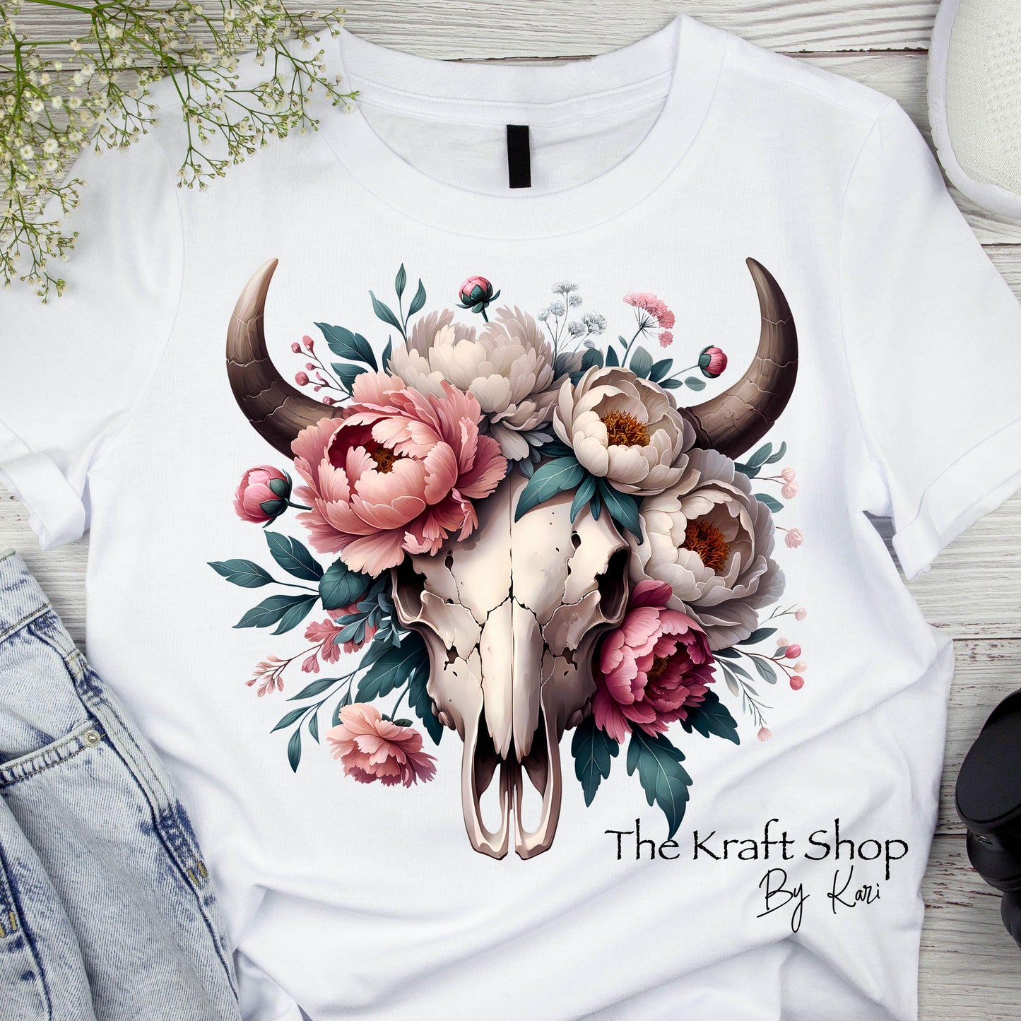 DTF ready to press transfer. Boho floral western bull skull with pink white flowers shirt transfer, Direct to film heat press transfer#11353