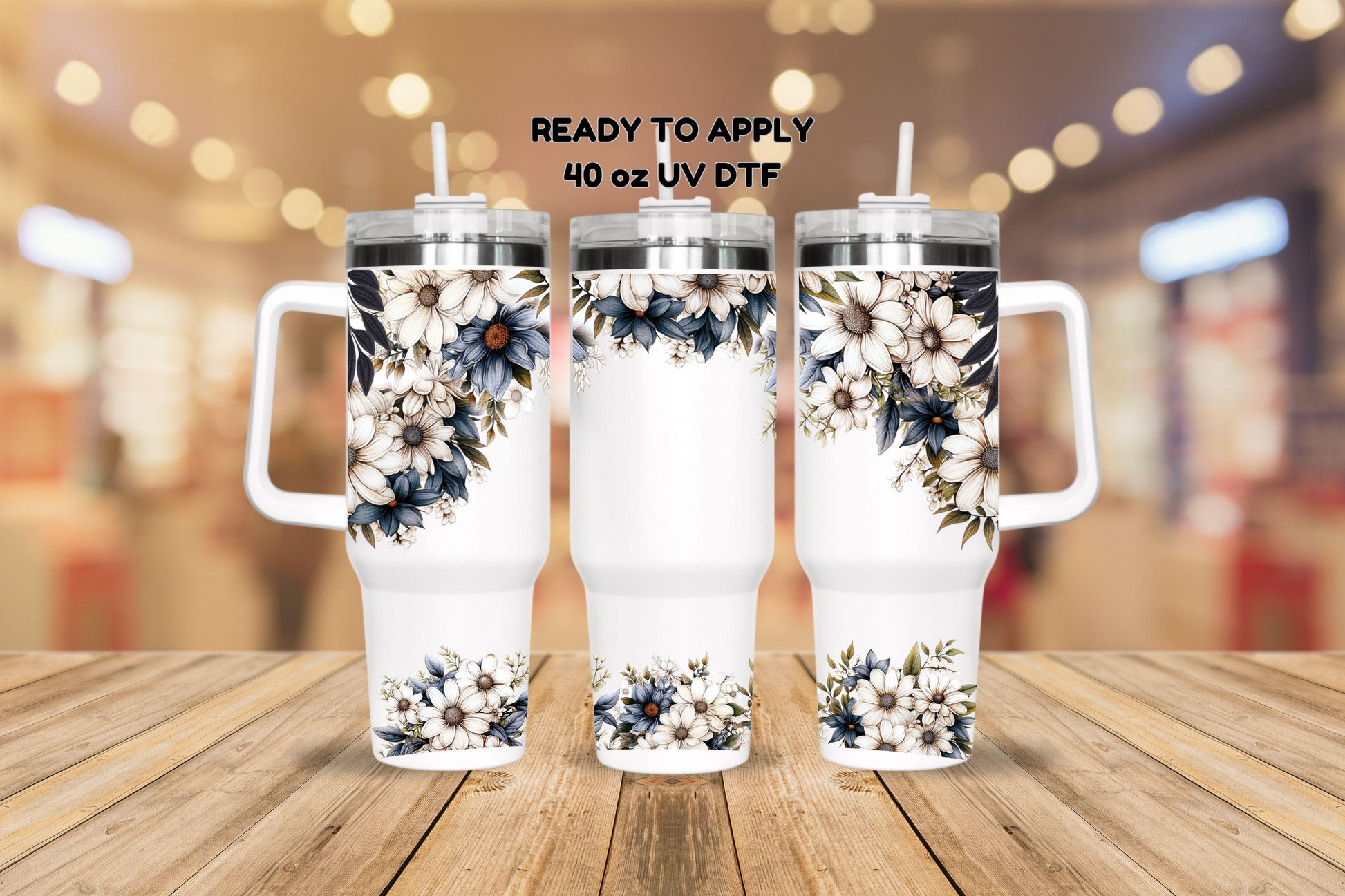UV DTF 40 oz ready to apply Daisy waterfall border of flowers wrap decal , quencher tumbler decal #3091