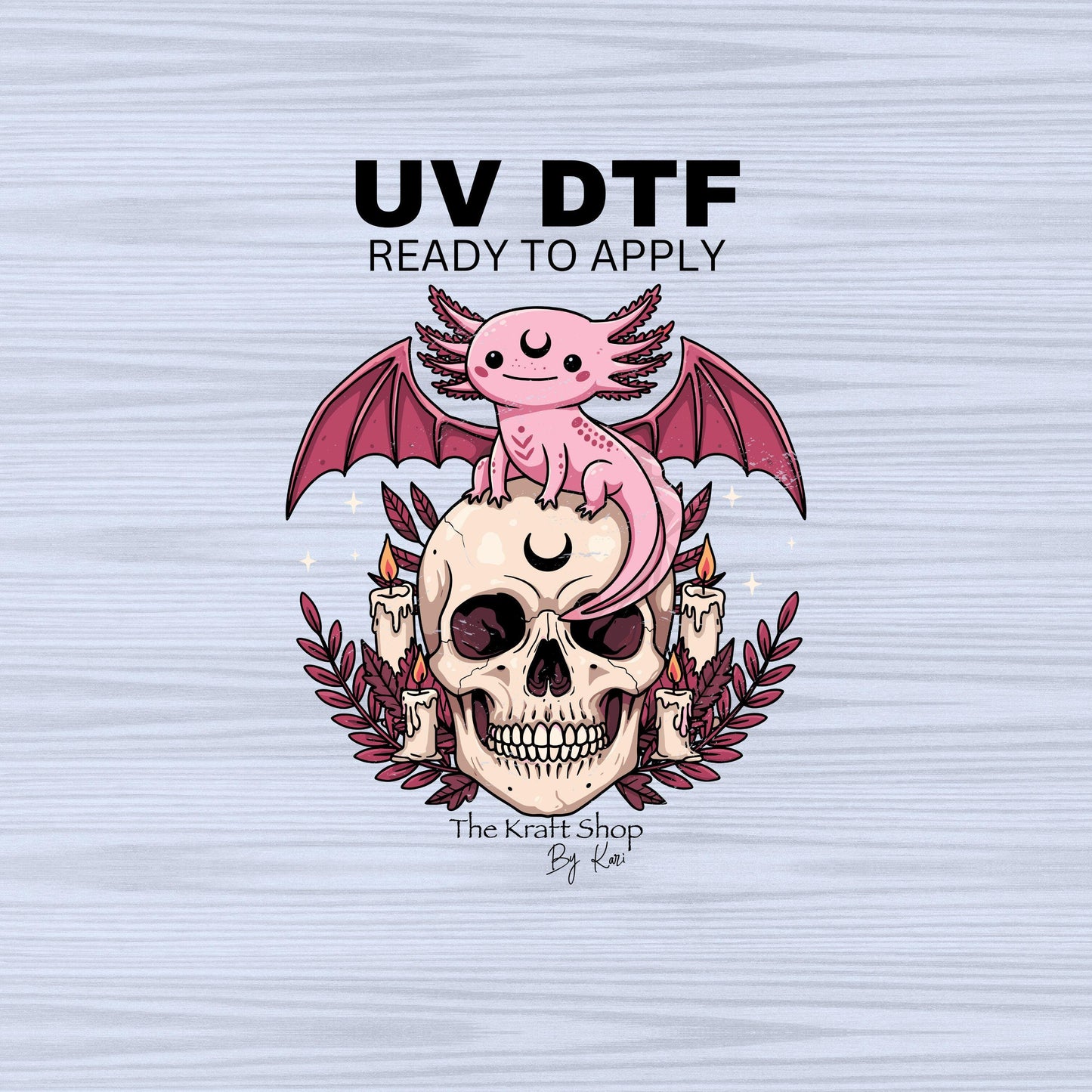 UV DTF Sticker prints. Axolotl skull with candles and bat wings, permanent sticker.#1056