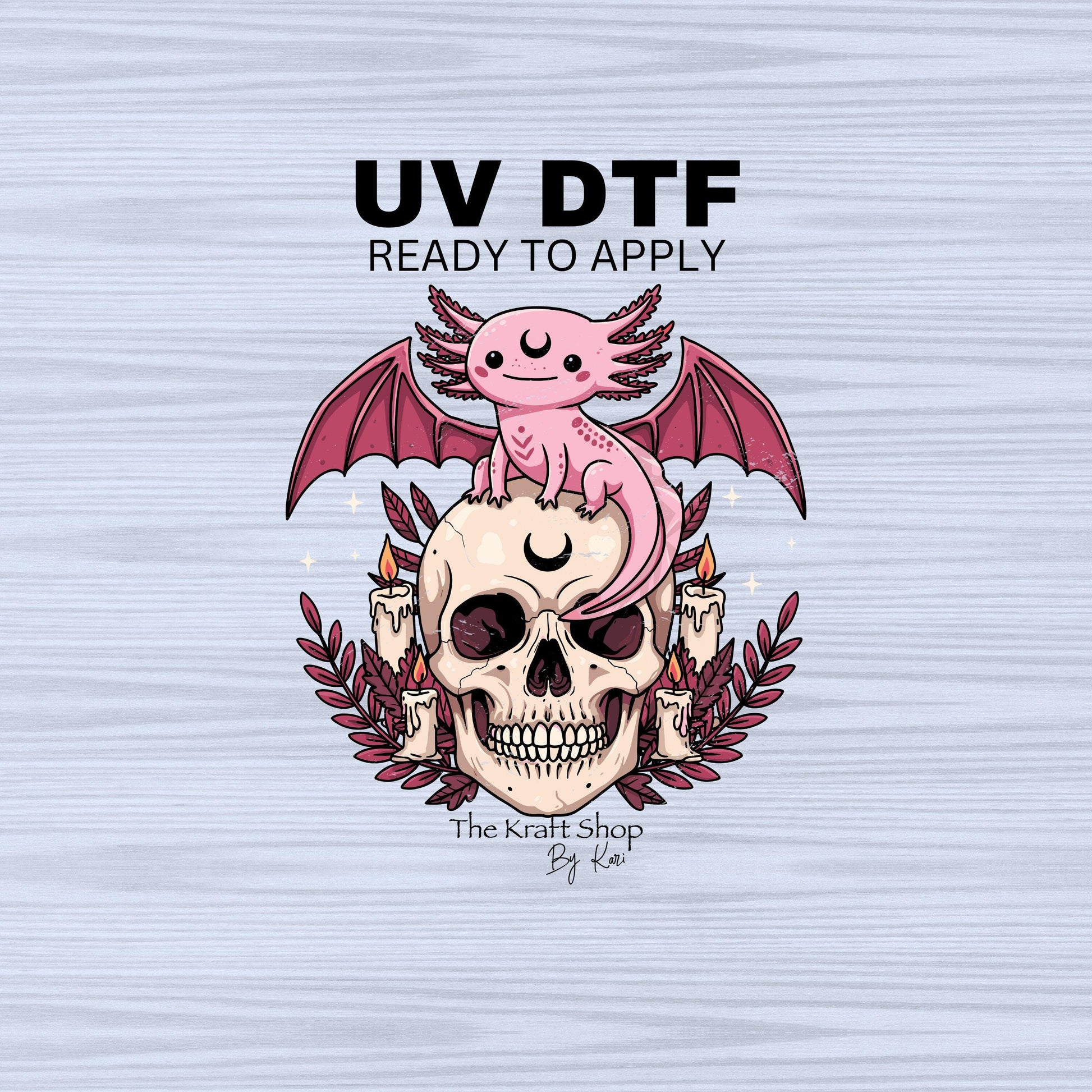 UV DTF Sticker prints. Axolotl skull with candles and bat wings, permanent sticker.#1056