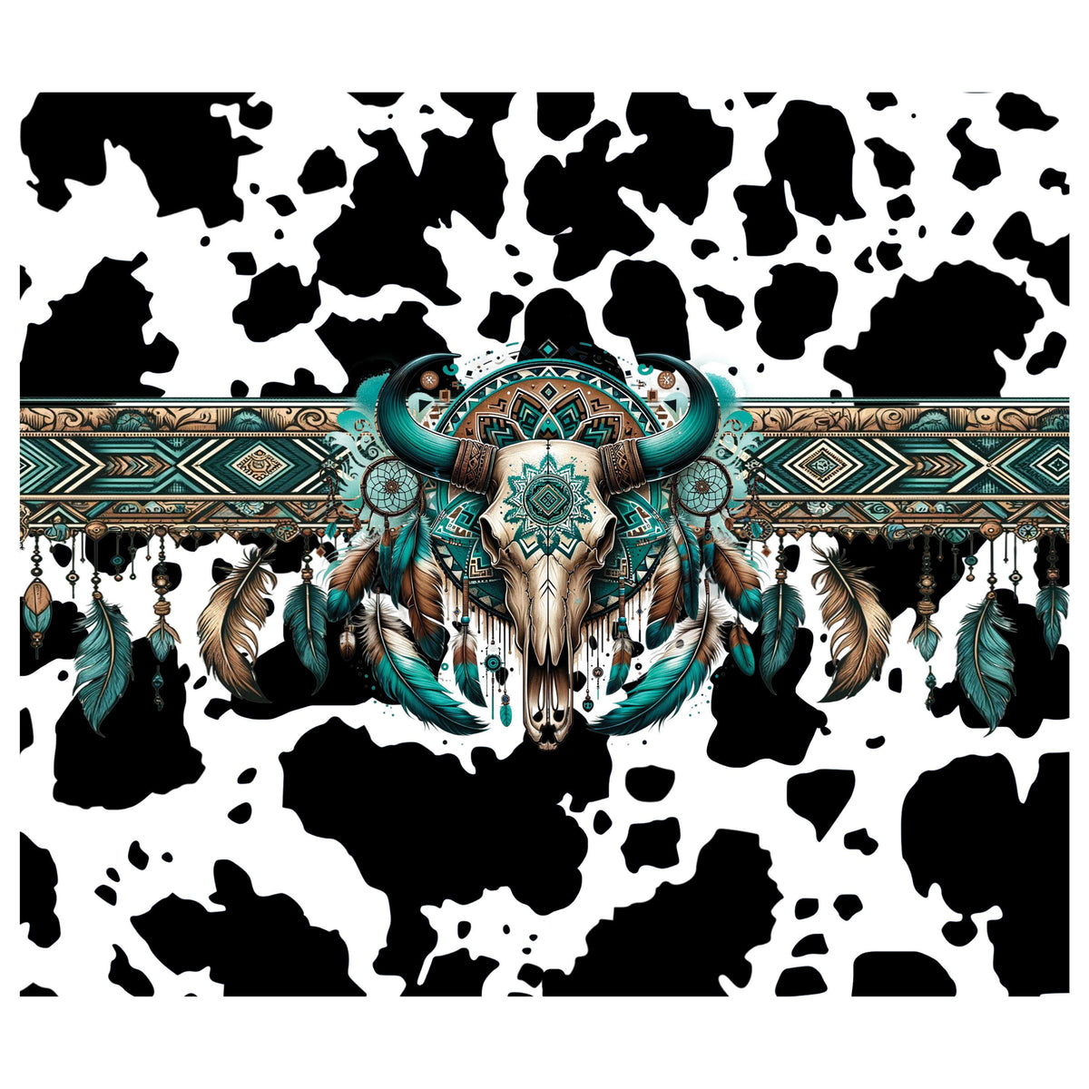 Cowhide Sticker UV DTF Sticker prints. Teal bull skull cowhide wrap black or brown spo ...