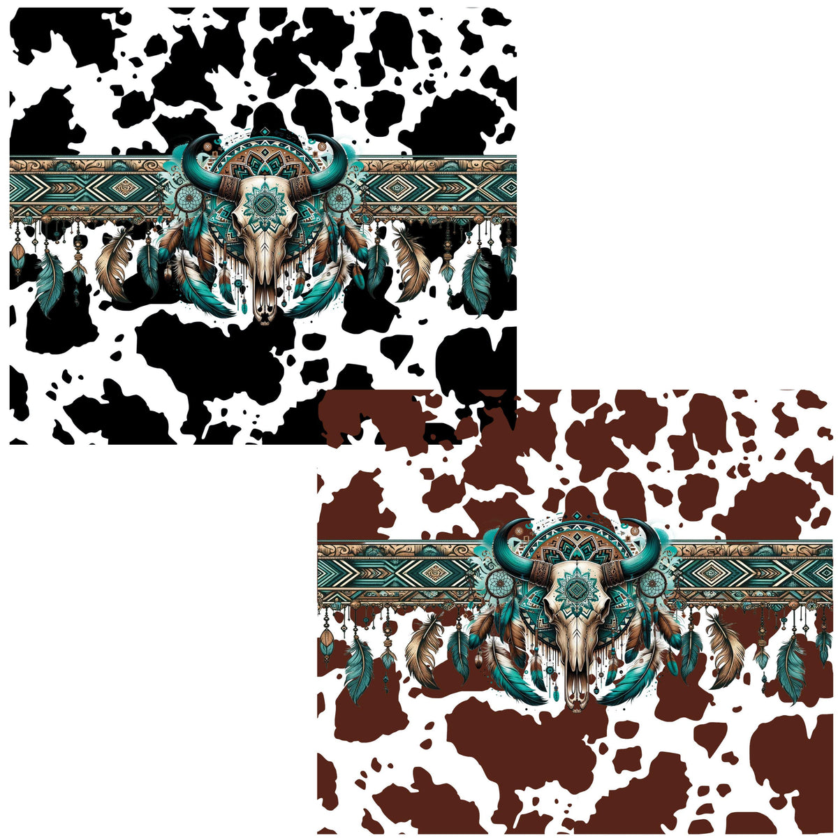 Cowhide Sticker UV DTF Sticker prints. Teal bull skull cowhide wrap black or brown spo ...