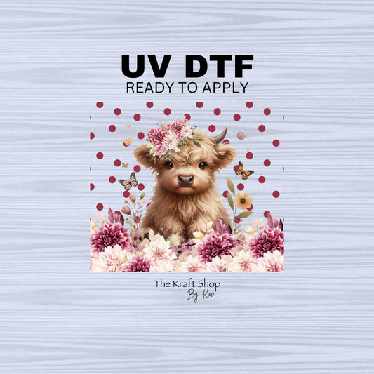 UV DTF Sticker print. Baby heifer flowers wrap off white and dark pink accents helper tumbler decal. #5274