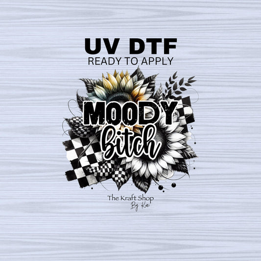 UV DTF Sticker print. Moody bitch black and white checkered sunflower decal, tumbler decal, permanent sticker. #4442