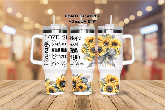 UV DTF 40 oz ready to apply Grey ribbon and sunflowers brain surgery awareness wrap decal , quencher tumbler decal, permanent sticker. #3125