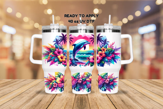 UV DTF 40 oz ready to apply Dolphin rainforest flowers sea life wrap decal , quencher tumbler decal, permanent sticker. #3129