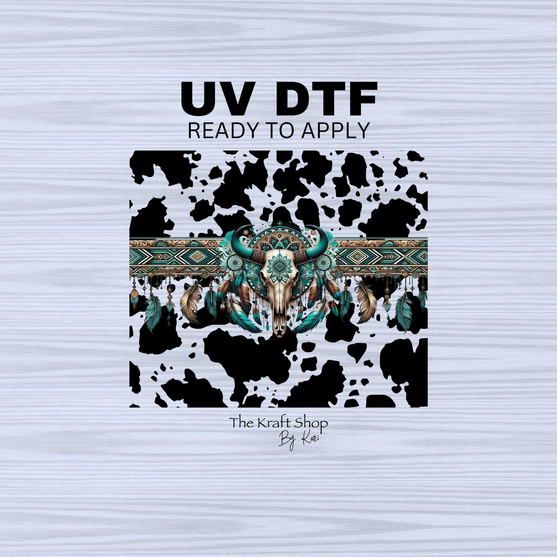 UV DTF Sticker prints. Teal bull skull cowhide wrap black or brown spots decal, permanent sticker. #10224