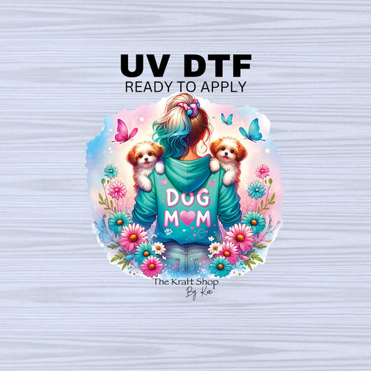 UV DTF Sticker print. Dog Mom pastel colors two puppies and flowers decal, tumbler decal, permanent sticker. #4455