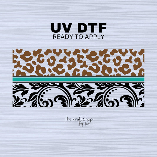 UV DTF Sticker print. Leopard western floral wrap w/ teal accent decal, tumbler decal,UV wrap for glass can tumbler#5269