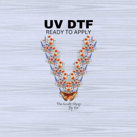 UV DTF Sticker print. Wildflower vsplit orange accents and butterfly bottom v split helper tumbler decal. #5272