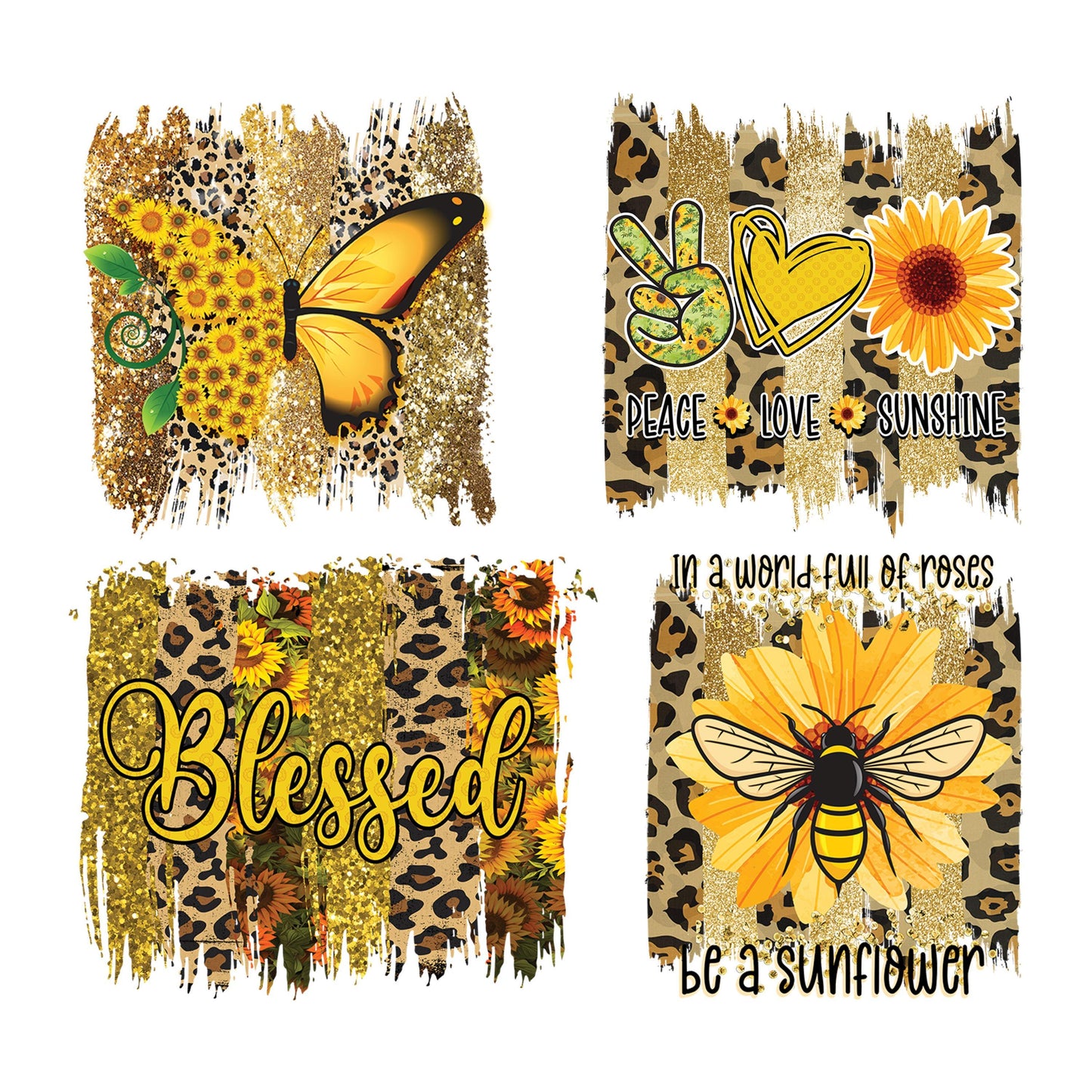 UV DTF Sticker print. Blessed Cheetah Sunflower Brush Stroke bundle of 4 decals, Proud patriotic soldier tumbler decal #4463