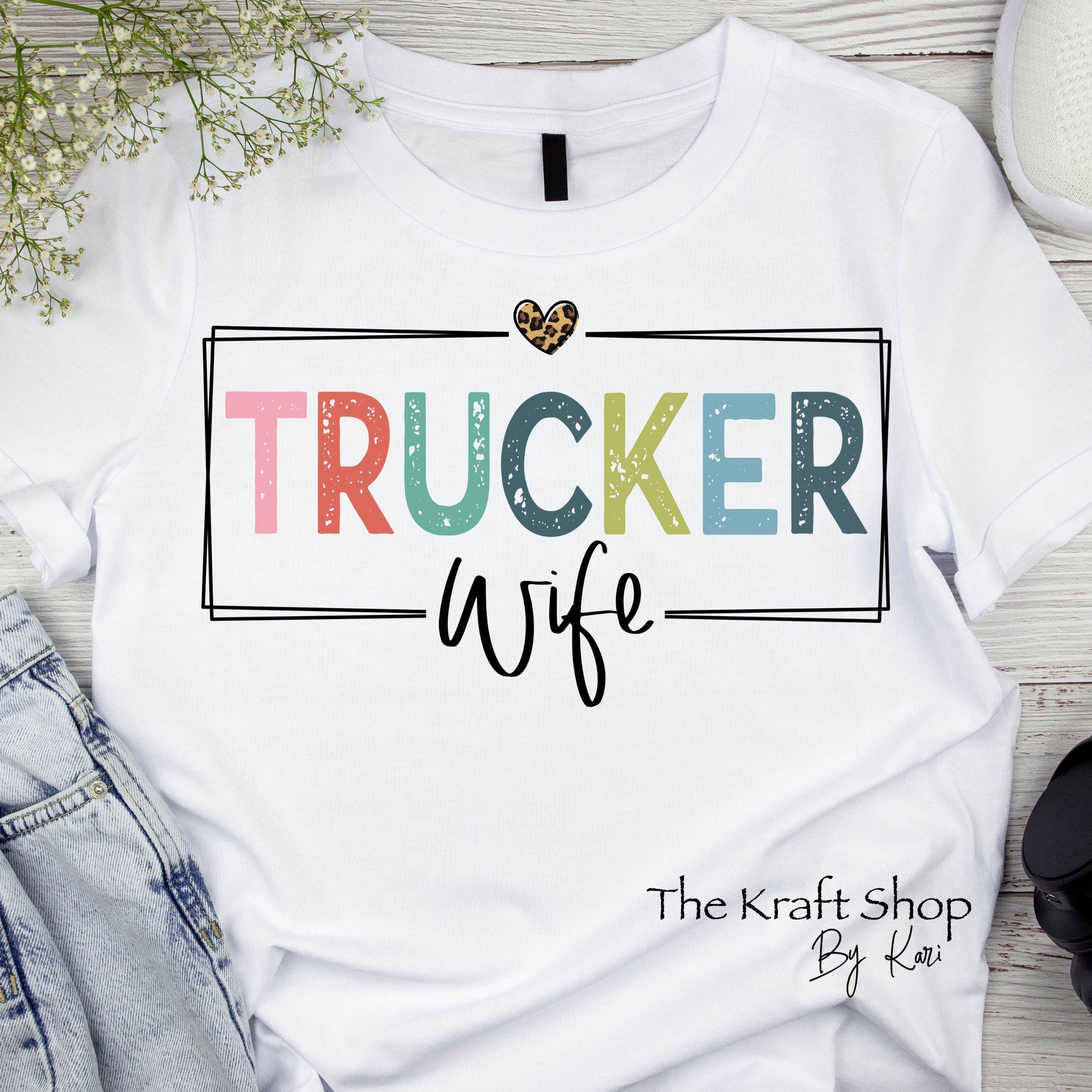 DTF ready to press transfer. Trucker wife with cheetah heart and distress. Direct to film heat press transfer. DTF Print,Heat Transfer#11409