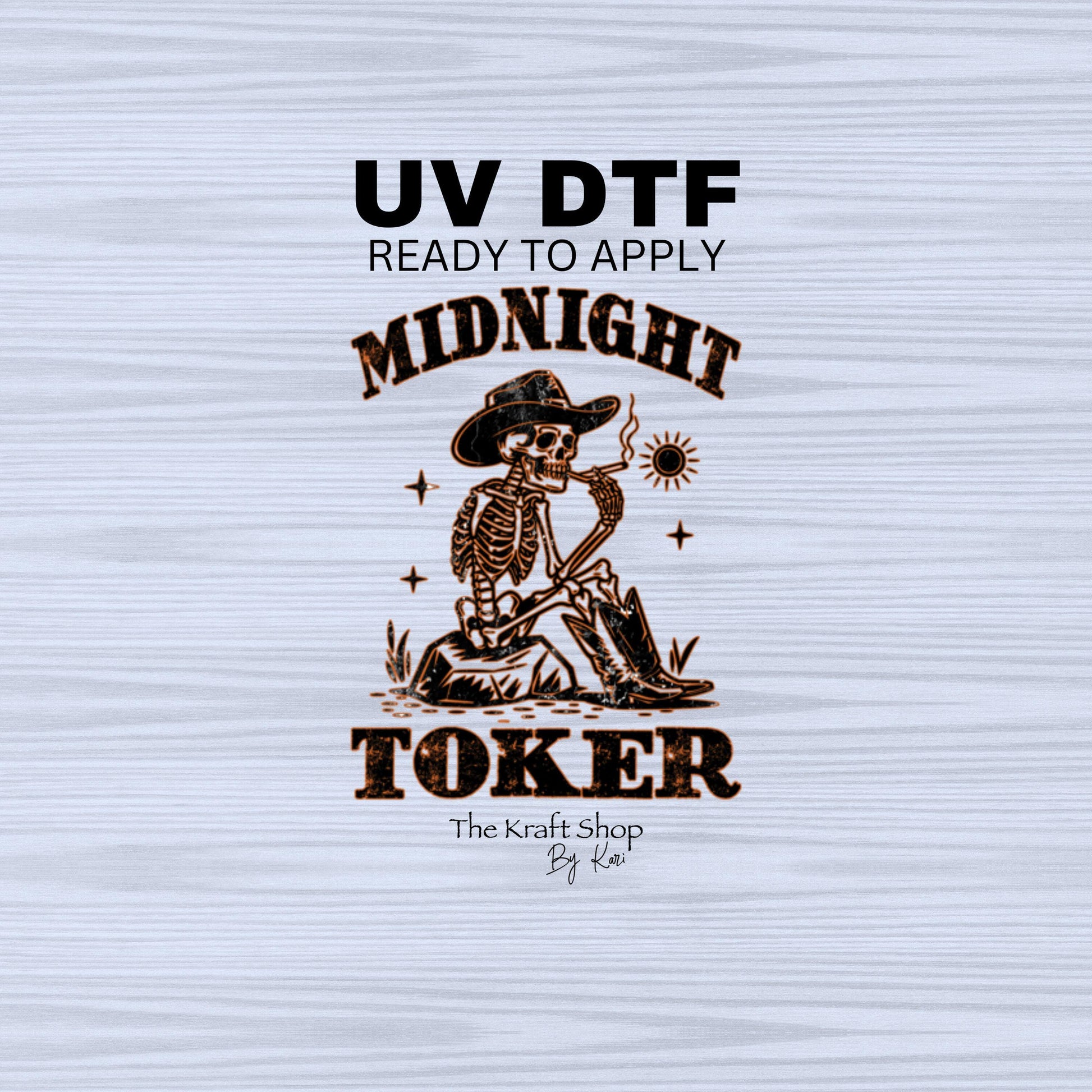 UV DTF Sticker print. Midnight toker skeleton with cowboy hat decal, tumbler decal, permanent sticker. #4465