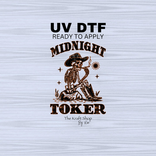 UV DTF Sticker print. Midnight toker skeleton with cowboy hat decal, tumbler decal, permanent sticker. #4465