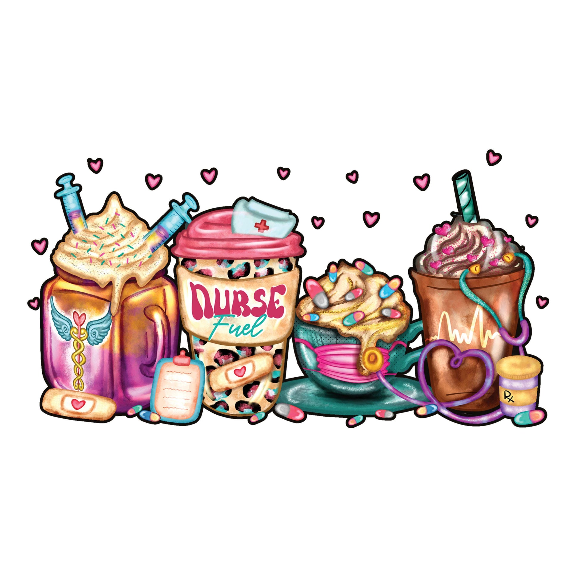 UV DTF Sticker print. Nurse coffee with hearts and cute elements decal, tumbler decal, permanent sticker. #4473