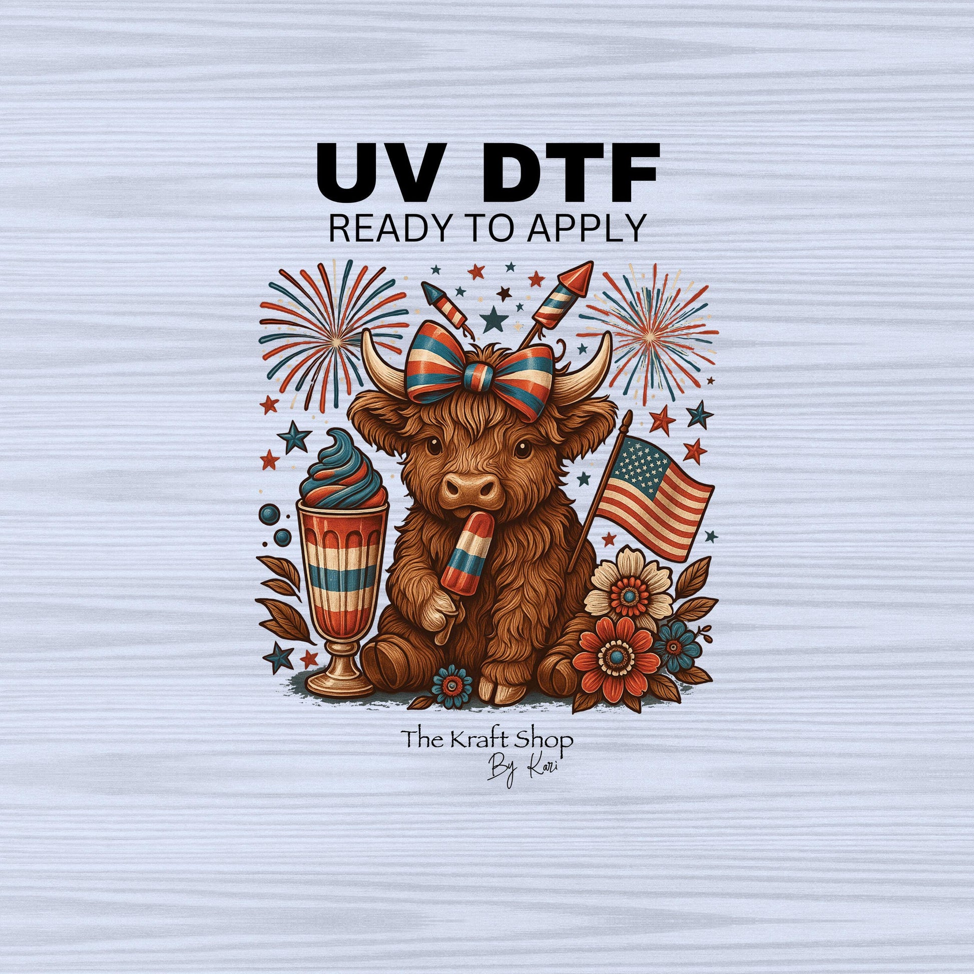 UV DTF Sticker print. 4th of July cow with ice cream and fireworks decal, tumbler decal, permanent sticker. #7288