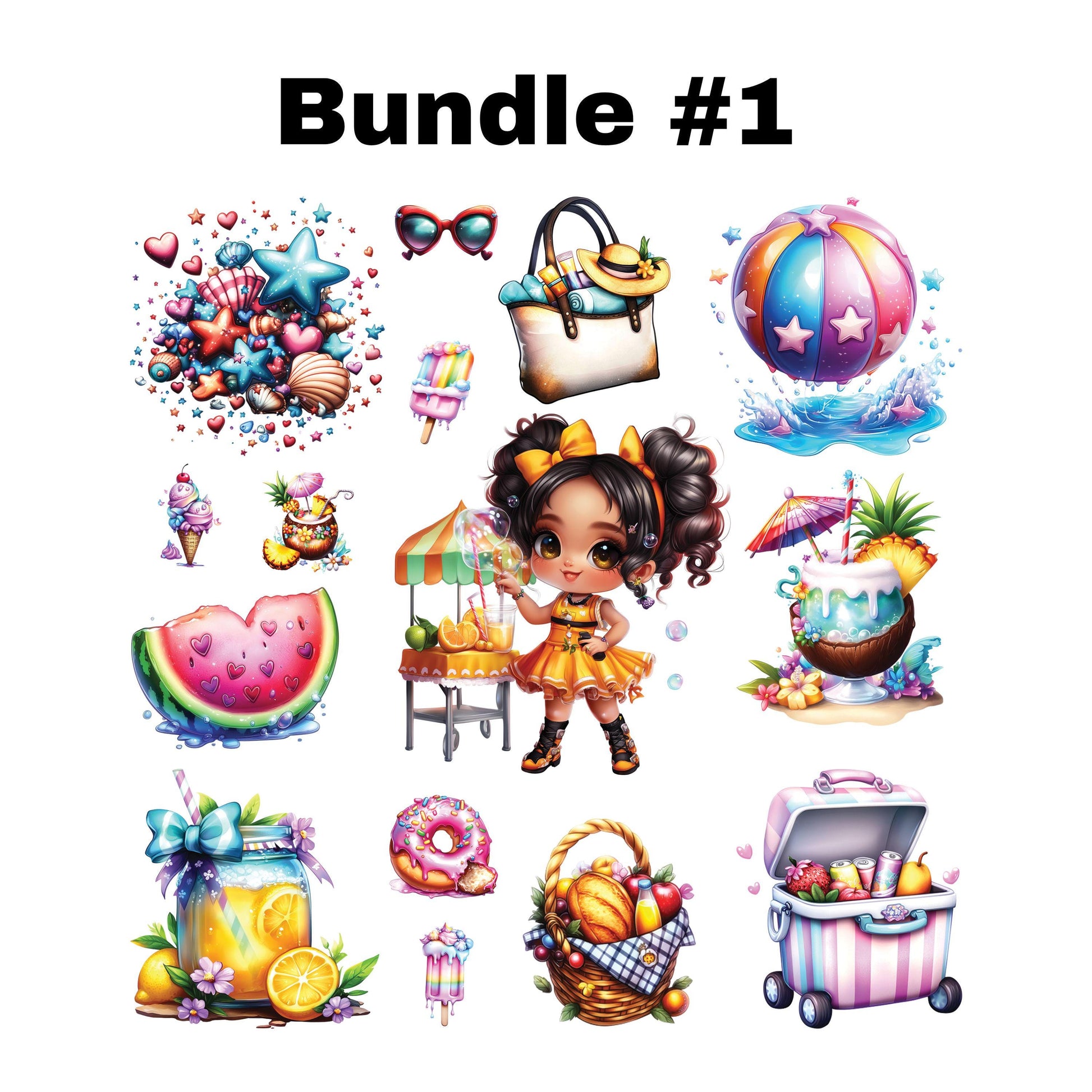 UV DTF Sticker prints. Summer girls element sheet. Cute little girls with summer elements permanent sticker. #7289