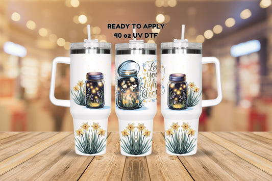 UV DTF 40 oz ready to apply Firefly mason jar and daffodil flowers, 40 oz quencher tumbler decal #3141