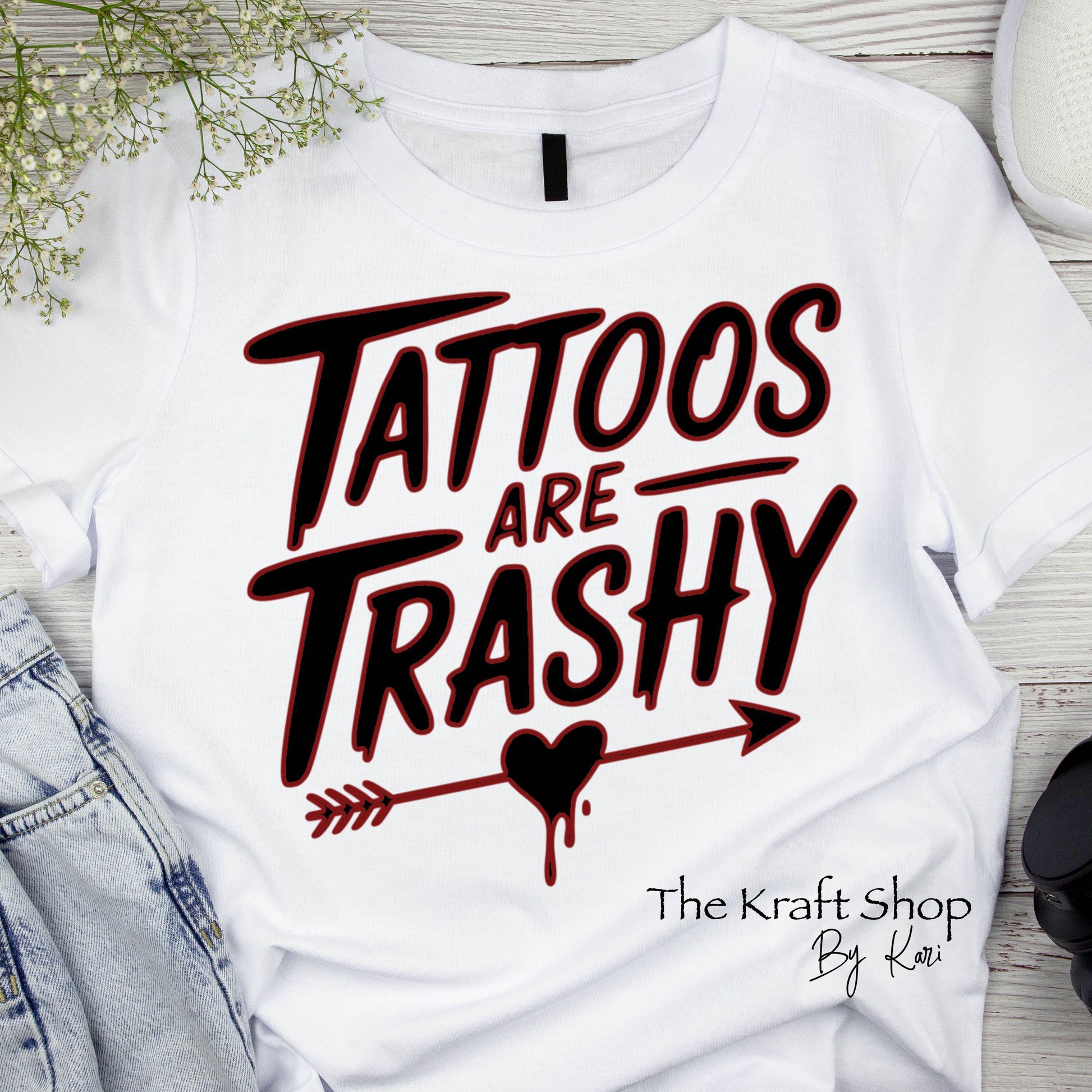 DTF ready to press transfer. Tattoos are trashy black red and white outline. Direct to film heat press transfer. DTF Print #11415