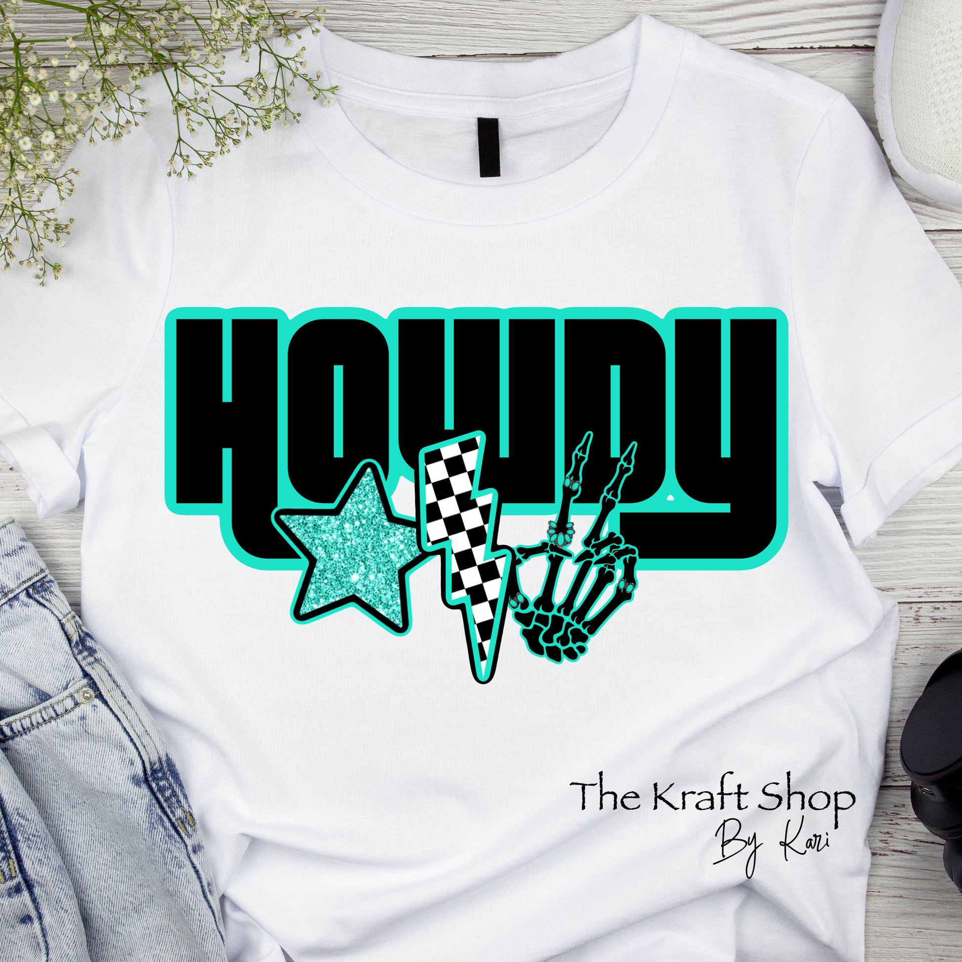 DTF ready to press transfer. Howdy teal lightening bolt country western shirt. Direct to film heat press transfer. DTF Print, #11426