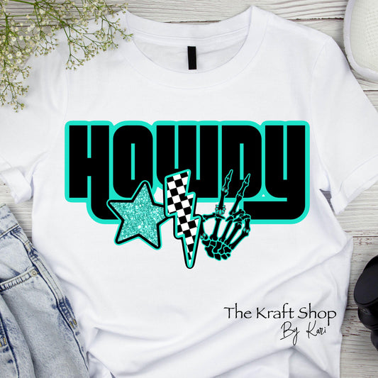 DTF ready to press transfer. Howdy teal lightening bolt country western shirt. Direct to film heat press transfer. DTF Print, #11426