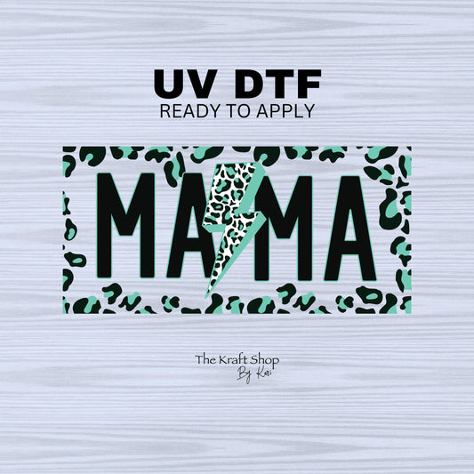 UV DTF Sticker print. Mama leopard turquoise cheetah spot lightening bolt decals tumbler decal. Glass can wrap. #5315