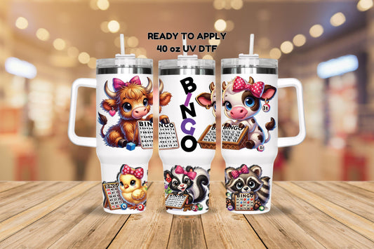 UV DTF 40 oz ready to apply Bingo cute animals wrap decal , quencher tumbler decal, permanent sticker. #3126