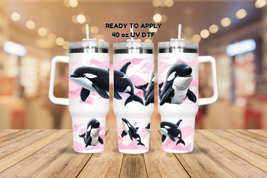 UV DTF 40 oz ready to apply Pink Orca whale sea life wrap decal , quencher tumbler decal, permanent sticker. #3128