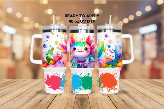 UV DTF 40 oz ready to apply Axolotl wrap with paint burst bottom decal , quencher tumbler decal, permanent sticker. #3130