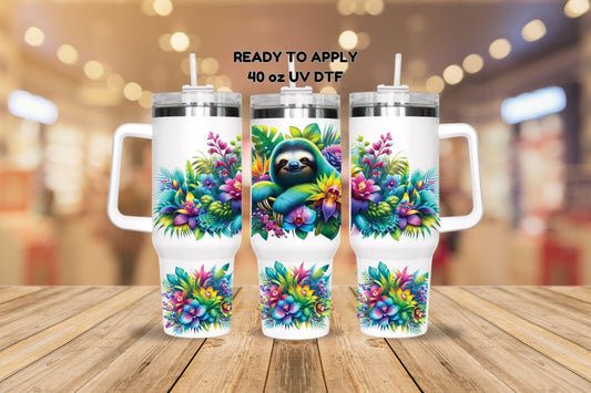 UV DTF 40 oz ready to apply Sloth in rainforest flowers wrap decal , quencher tumbler decal, permanent sticker. #3134