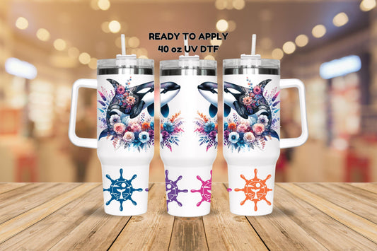 UV DTF 40 oz ready to apply Boho Orca with flowers whale and flowers wrap decal , quencher tumbler decal, permanent sticker. #3135