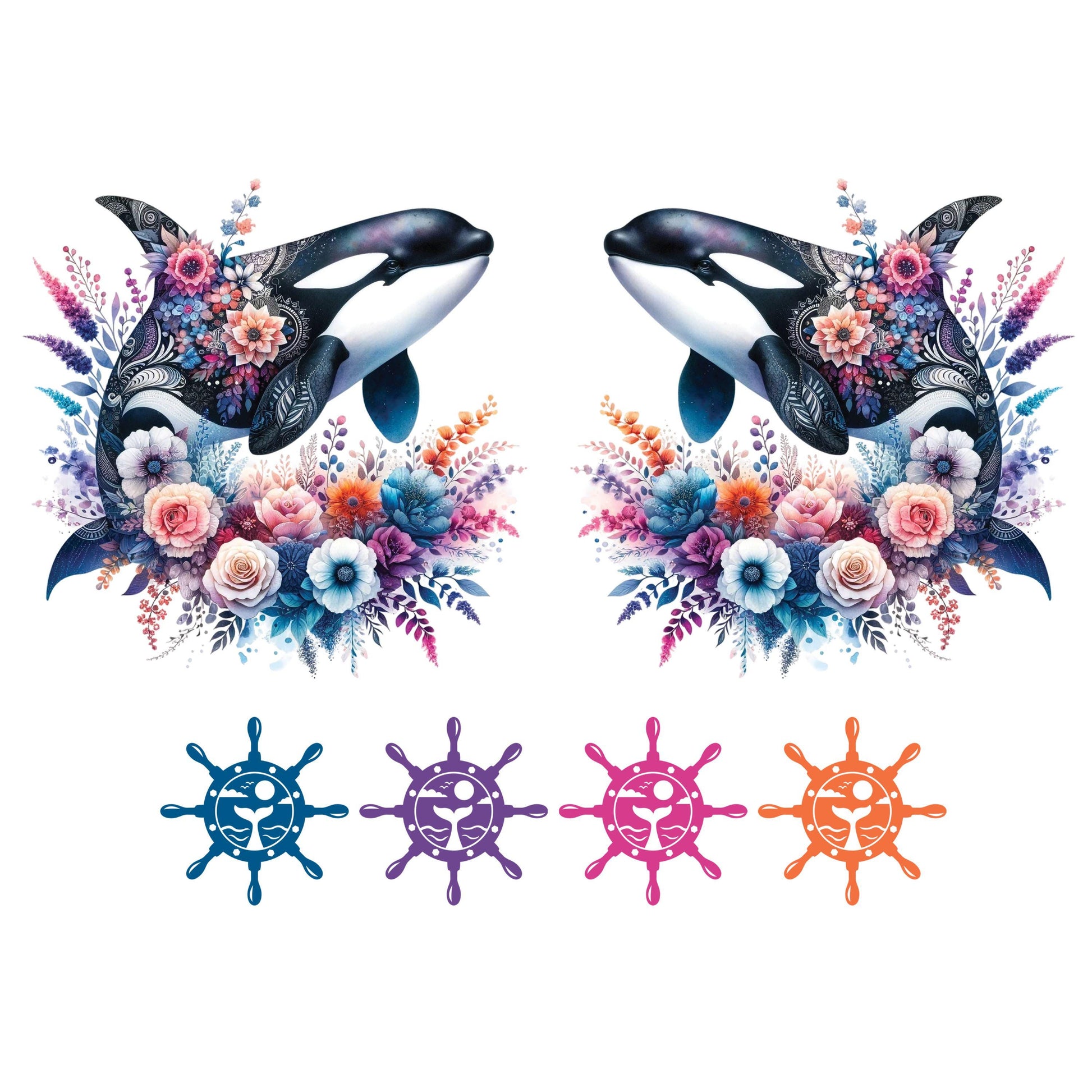 UV DTF 40 oz ready to apply Boho Orca with flowers whale and flowers wrap decal , quencher tumbler decal, permanent sticker. #3135