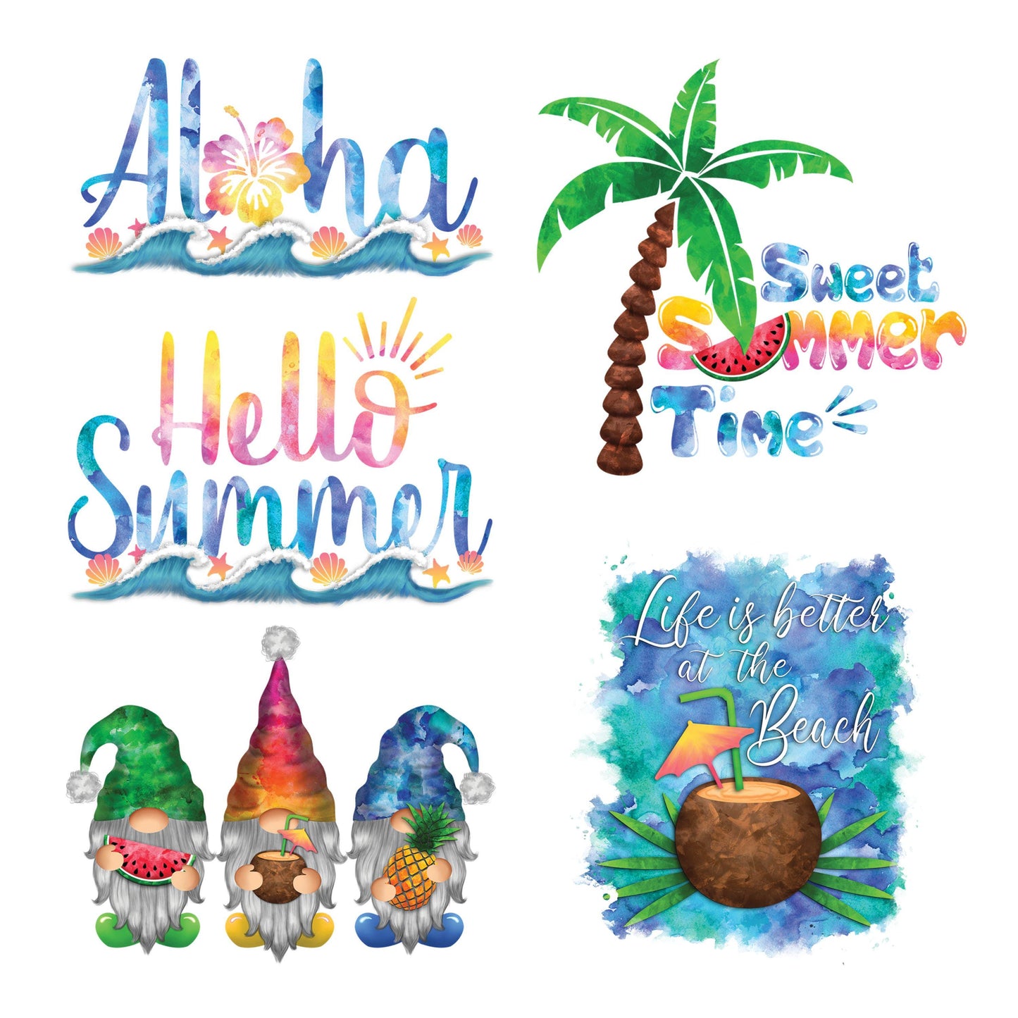 UV DTF Sticker print. Aloha summer with gnomes and palm trees bundle of 5 decals, tumbler decal, permanent sticker. #4448