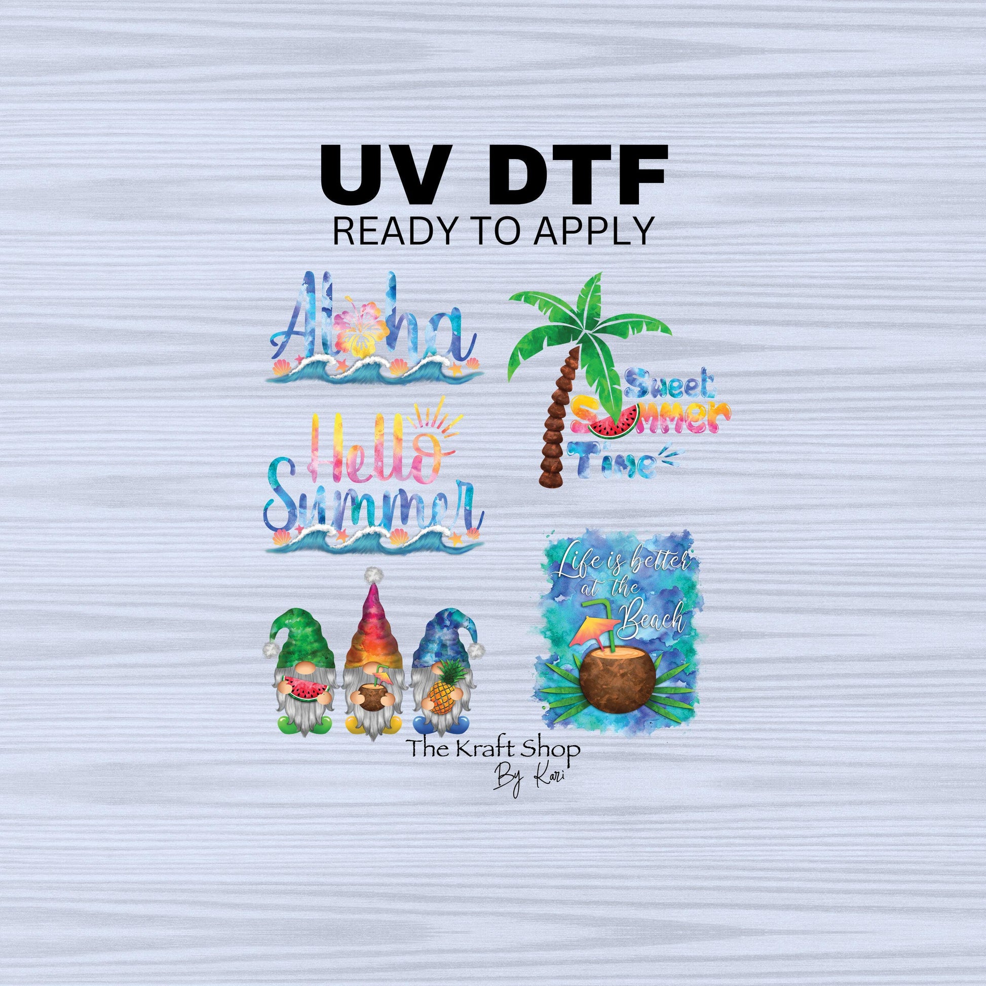 UV DTF Sticker print. Aloha summer with gnomes and palm trees bundle of 5 decals, tumbler decal, permanent sticker. #4448
