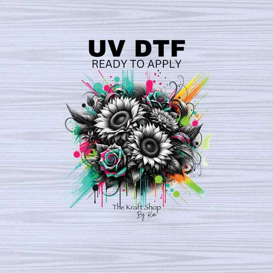 UV DTF Sticker print. Neon sunflower splatter wrap or decal, tumbler decal, permanent sticker. #10242