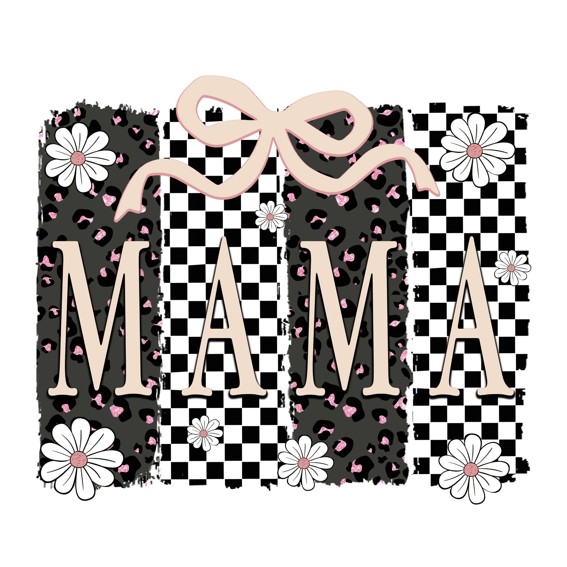 UV DTF Sticker print. Retro checkered Mama with bow brush stroke paint swipe decal, tumbler decal, permanent sticker. #4490