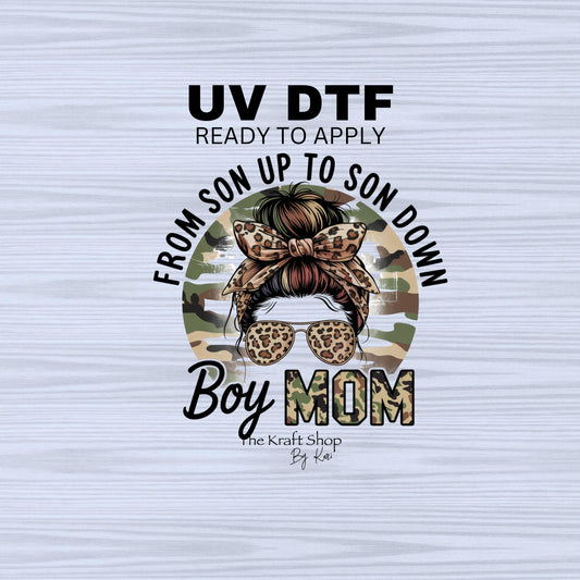 UV DTF Sticker print. From son up to son down camo cheetah messy bun Mom of boys decal, tumbler decal, permanent sticker. #4492