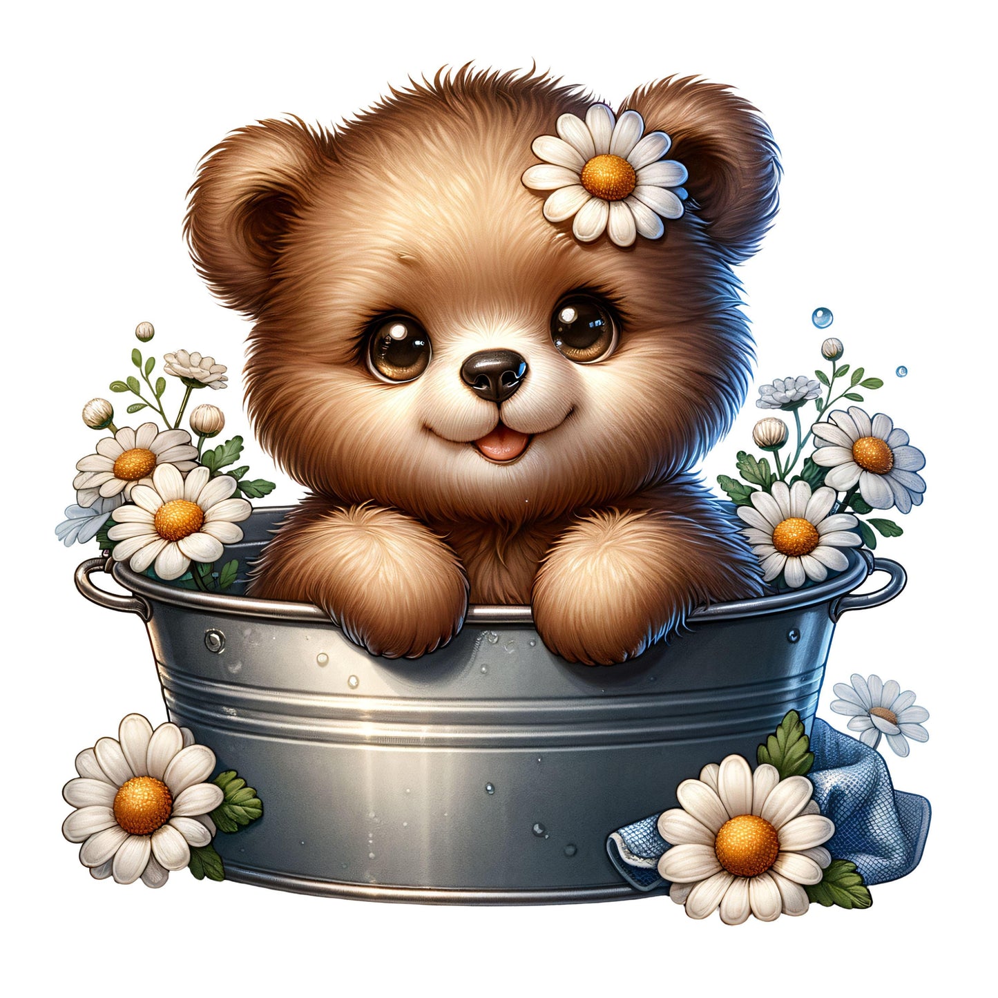 UV DTF Sticker print. Bear in a tub with daisy flowers decal, tumbler decal, permanent sticker. #1068