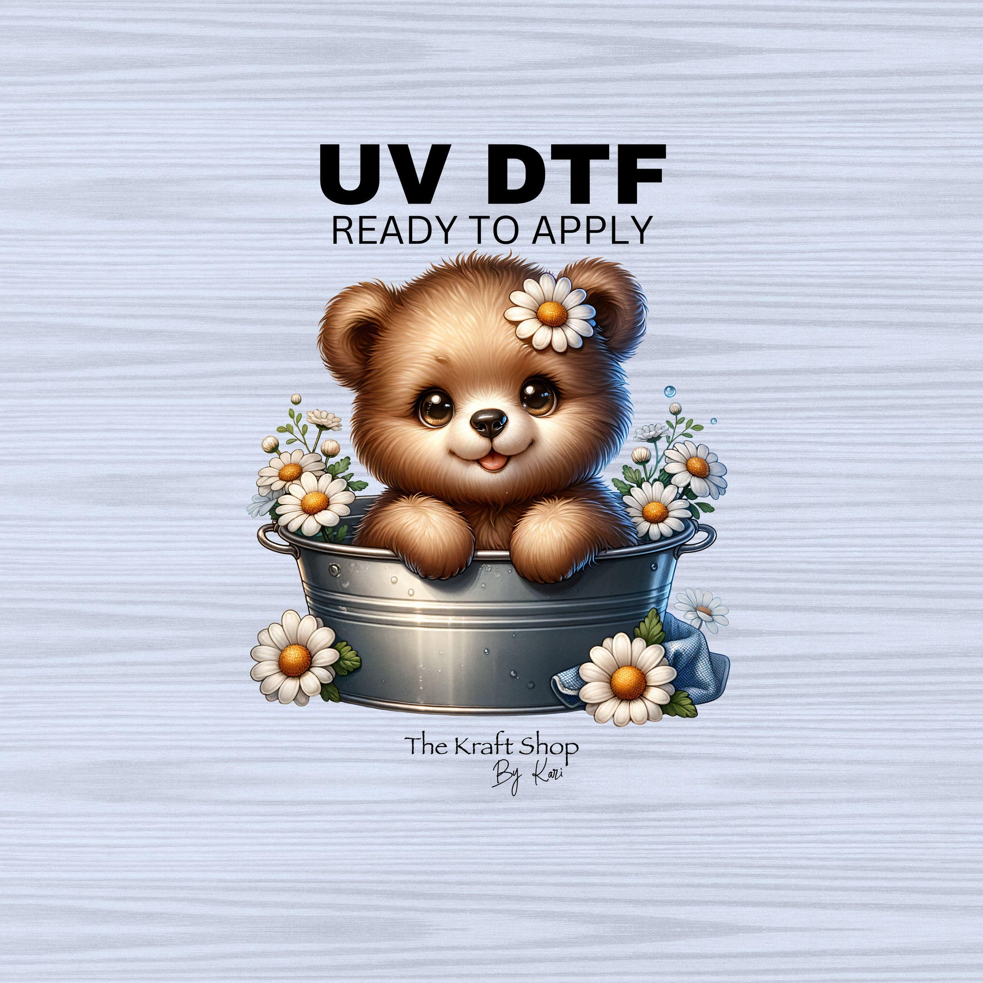 UV DTF Sticker print. Bear in a tub with daisy flowers decal, tumbler decal, permanent sticker. #1068