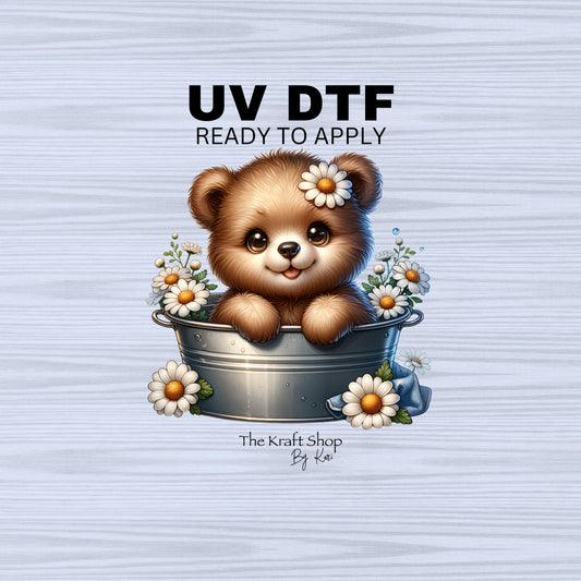 UV DTF Sticker print. Bear in a tub with daisy flowers decal, tumbler decal, permanent sticker. #1068