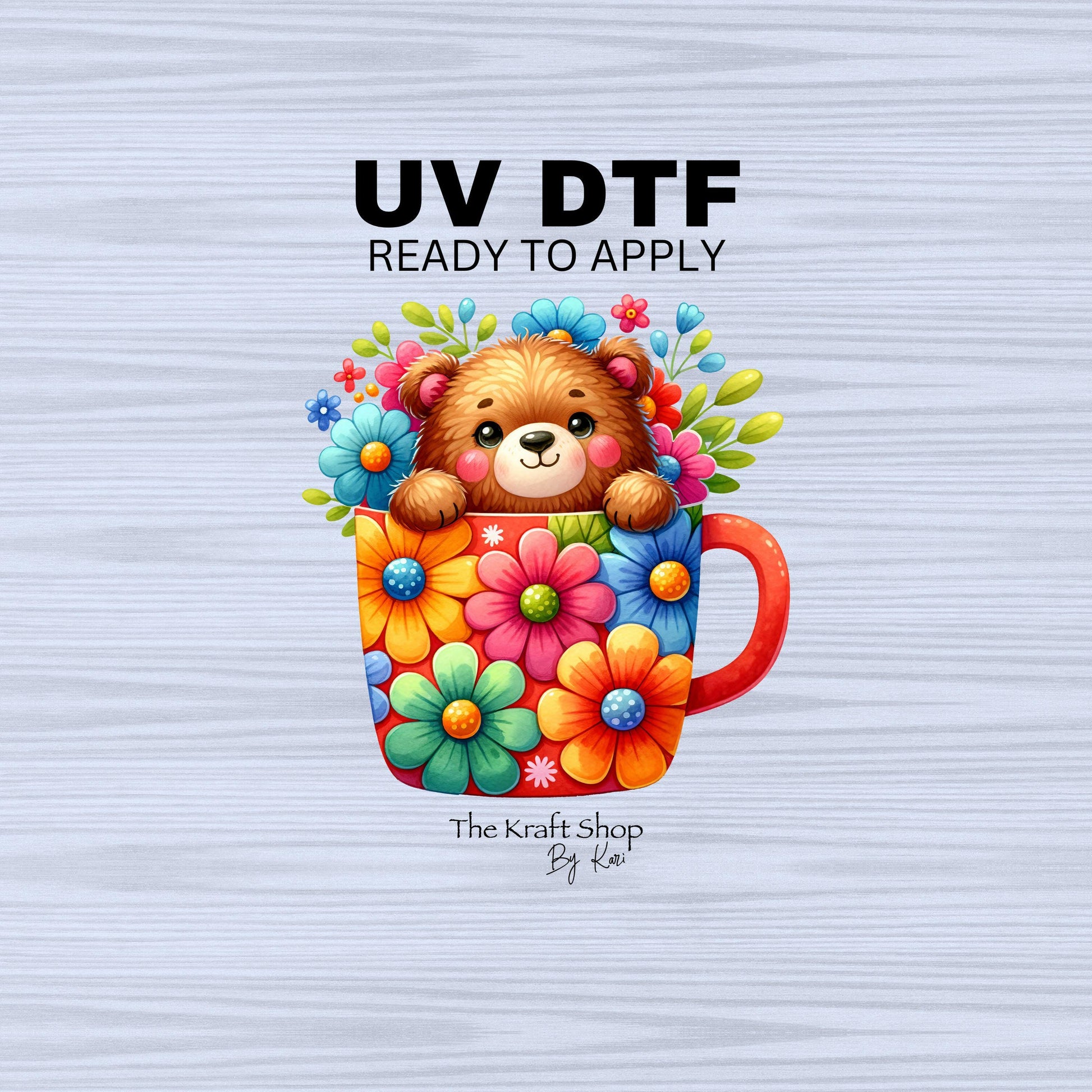 UV DTF Sticker print. Bear in a mug with colorful flowers decal, tumbler decal, permanent sticker. #1068