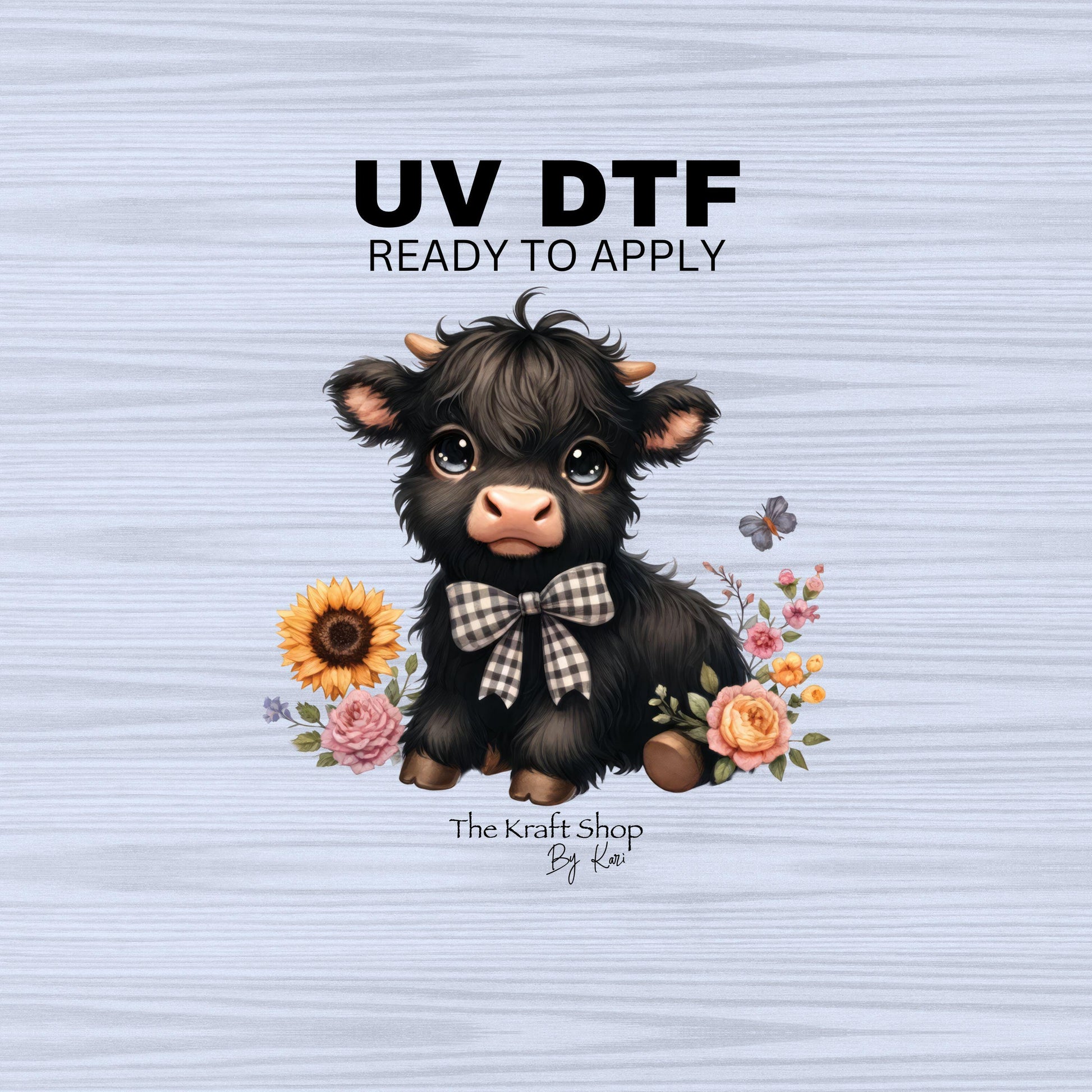 UV DTF Sticker print. Black baby highland cow with sunflowers and roses decal, tumbler decal, permanent sticker. #1070