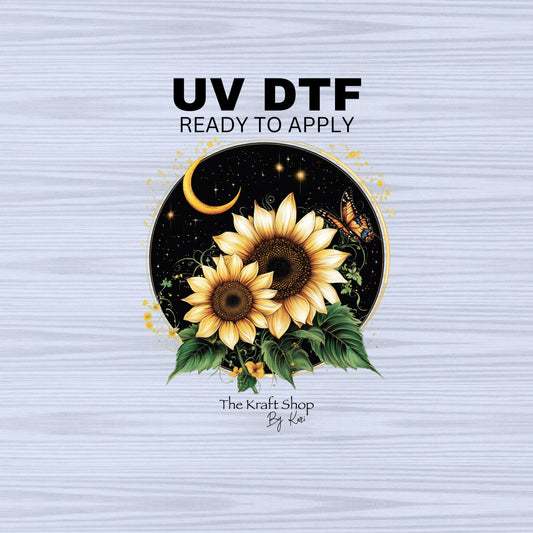 UV DTF Sticker print. Moon sunflowers and butterflies decal, tumbler decal, permanent sticker. #10252