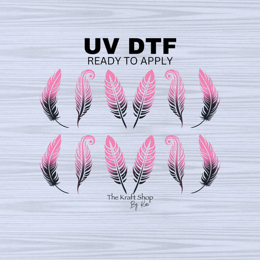 UV DTF Sticker print. Pink black feather ombre element bundle tumbler decal, permanent sticker. #5317