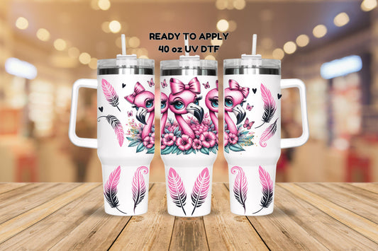 UV DTF 40 oz ready to apply Flamingo trio with pink and black feather bottom 40oz quencher wrap decal , UV wrap quenchers #3151