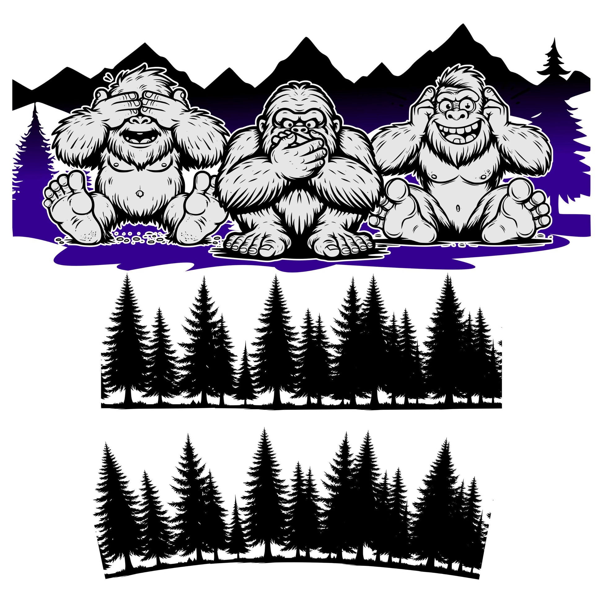 UV DTF 40 oz ready to apply Bigfoot trio silly in the mountains with tree bottom 40oz quencher wrap decal , UV wrap quenchers #3151