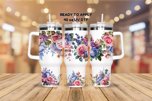 UV DTF 40 oz ready to apply Floral pink and blue flowers wrap decal , quencher tumbler decal, permanent sticker. #3136